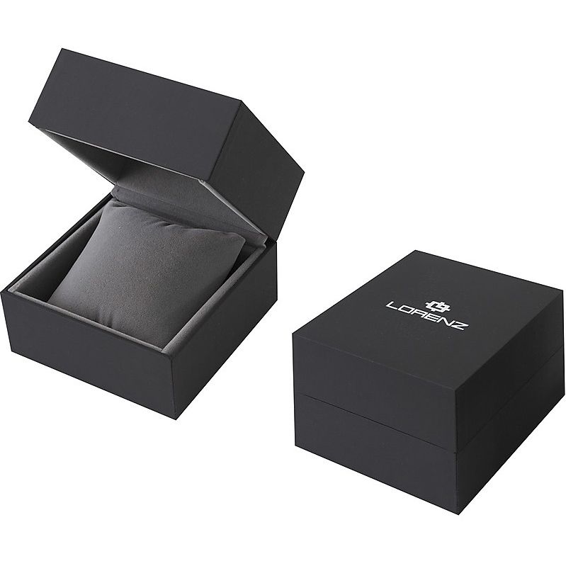 LORENZ MOD. 26175CC wristwatch gift box, open and closed view, black with logo, suitable for gents, ideal for stylish presentation.
