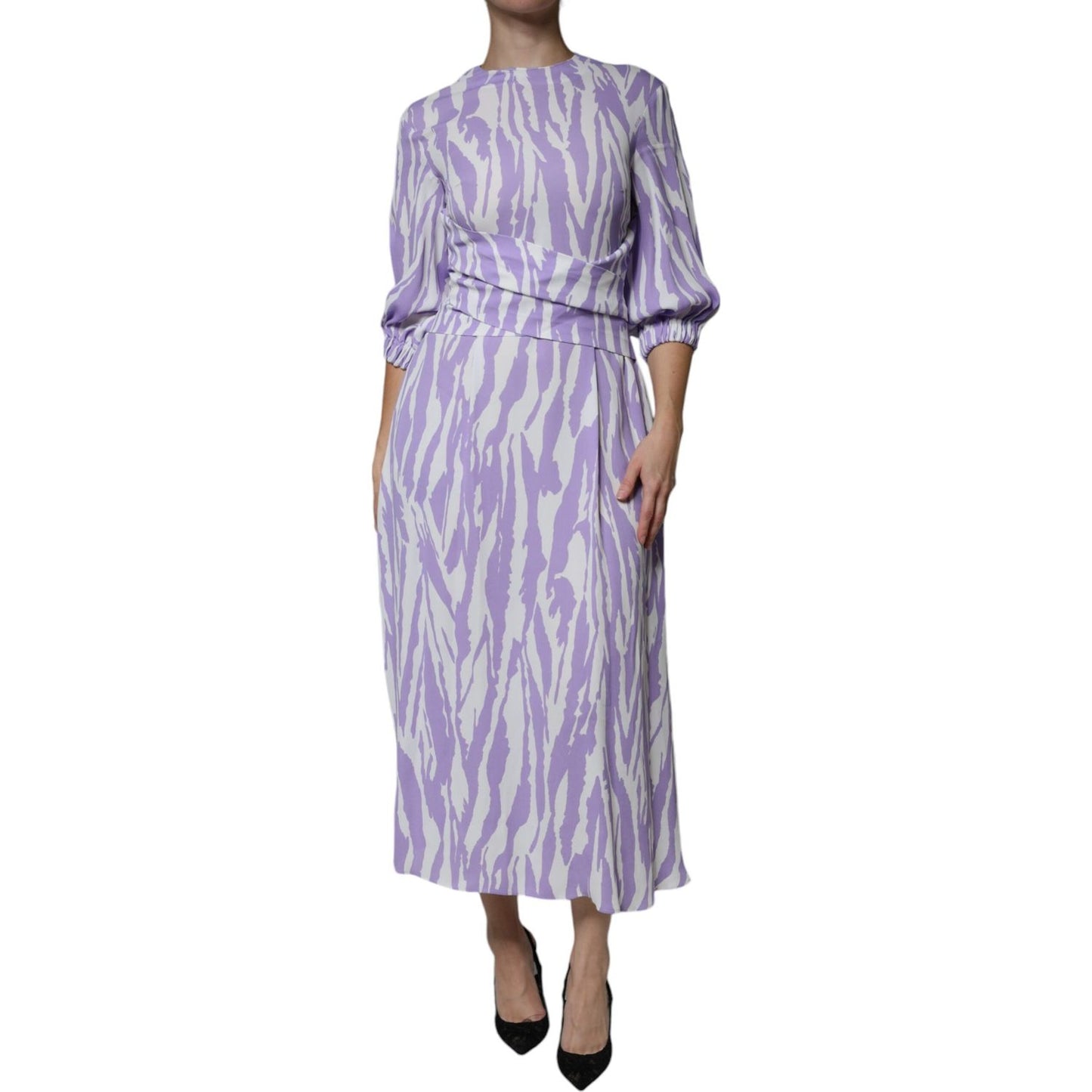 MSGM White Purple Patterned Viscose Short Sleeves Maxi Dress DR281369-40