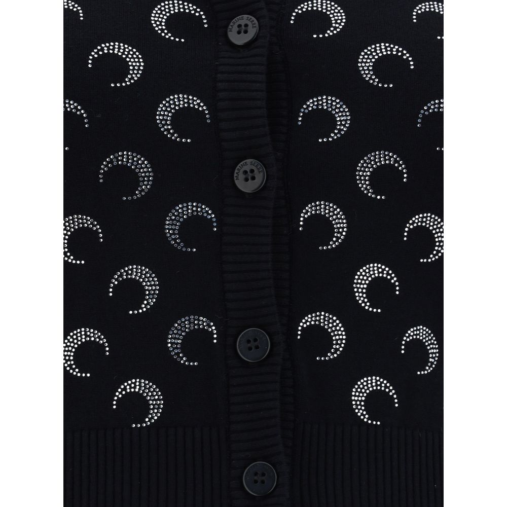 Marine Serre Black Viscose Cardigan featuring ribbed button front and iconic all-over brand logo design, slim fit, AW25.