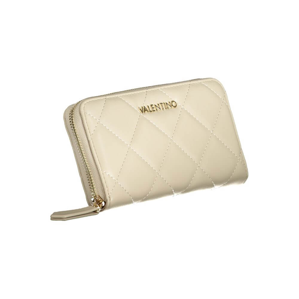 Mario Valentino Beige Polyethylene Wallet, quilted design with zip closure, 6 compartments, coin purse, and card spaces.