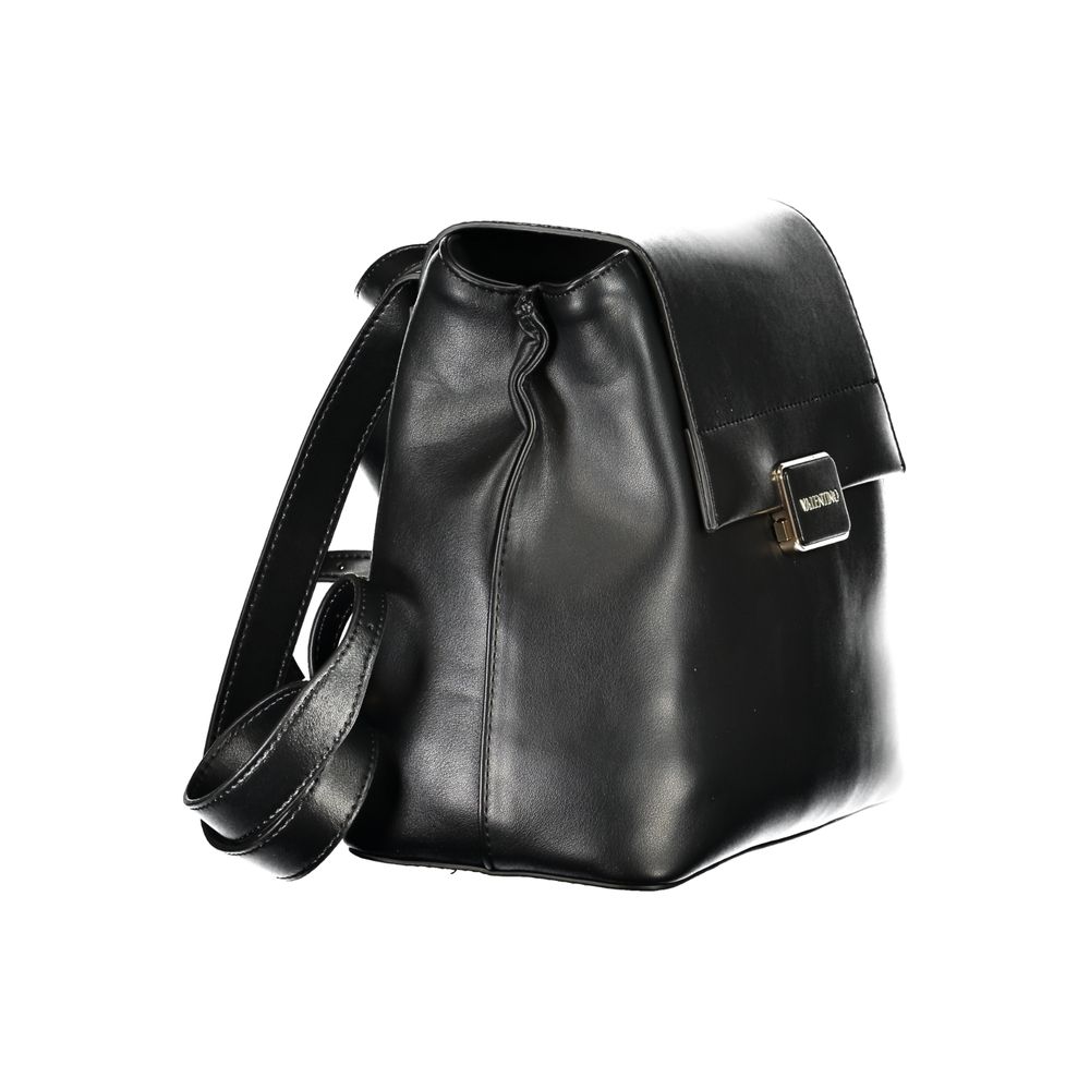Mario Valentino Black Polyethylene Backpack with adjustable straps and external pocket, featuring logo and secure zip closure.