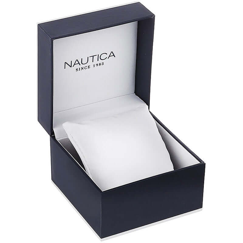 Official box packaging for NAUTICA Mod. NAPCPS904 quartz analog wristwatch. Suitable for gents. Water resistant up to 5 ATM.