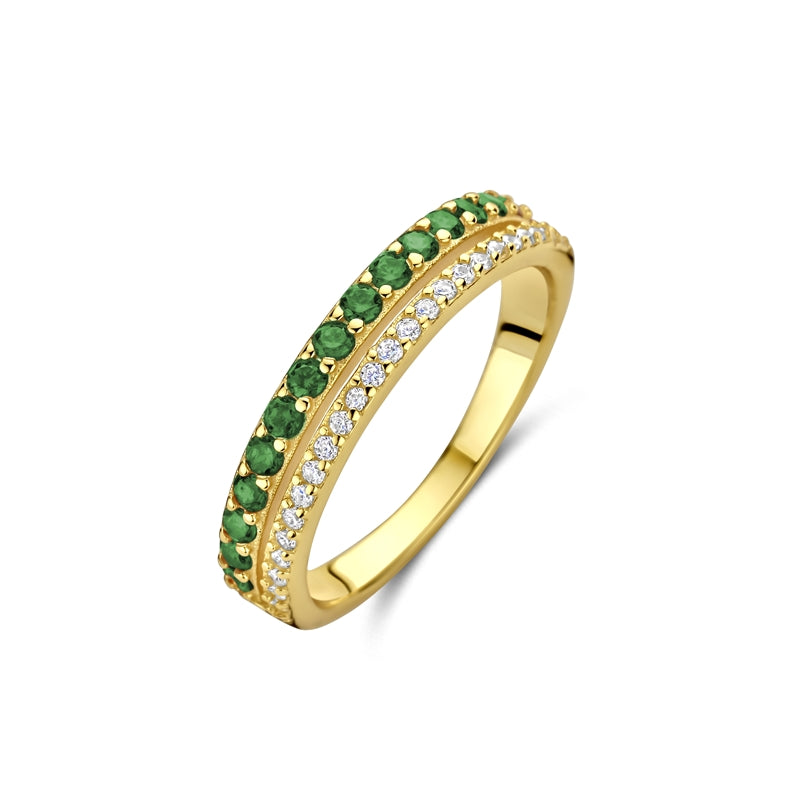 Gold ring with green gemstones and diamonds, NEW BLING Mod. 9NB-1580-58 elegant design for stylish jewelry collection.