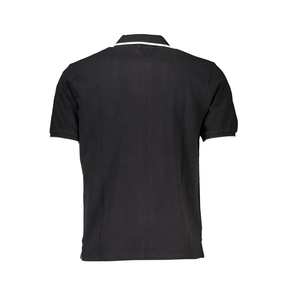 Back view of North Sails Black Cotton Polo Shirt featuring short sleeves, two buttons, contrast details, print, and logo.