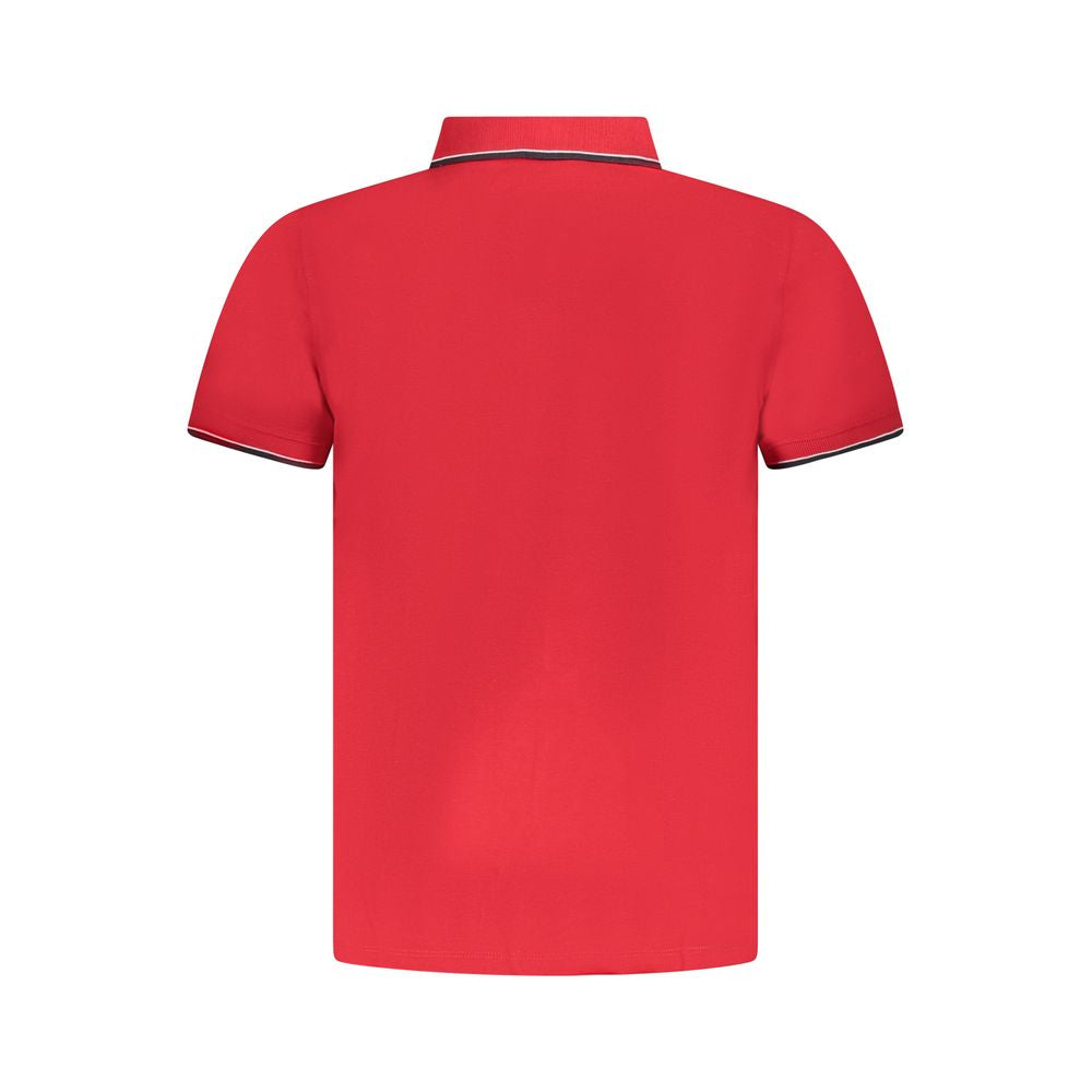 Norway 1963 Red Cotton Polo Shirt with short sleeves, 3 buttons, contrasting details, and logo on back view.