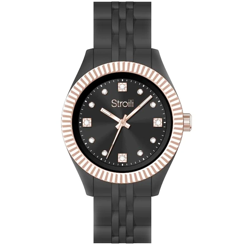 STROILI Mod. 1659249 elegant black and rose gold watch with diamond accents featuring sleek design and durable strap