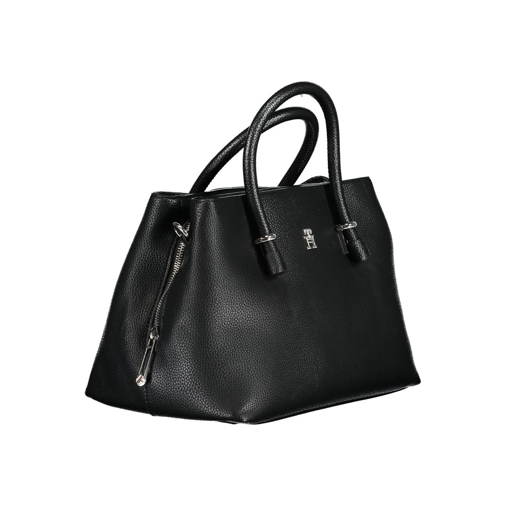 Tommy Hilfiger Black Polyethylene Handbag with adjustable strap, zip closure, external pockets, and logo detail.