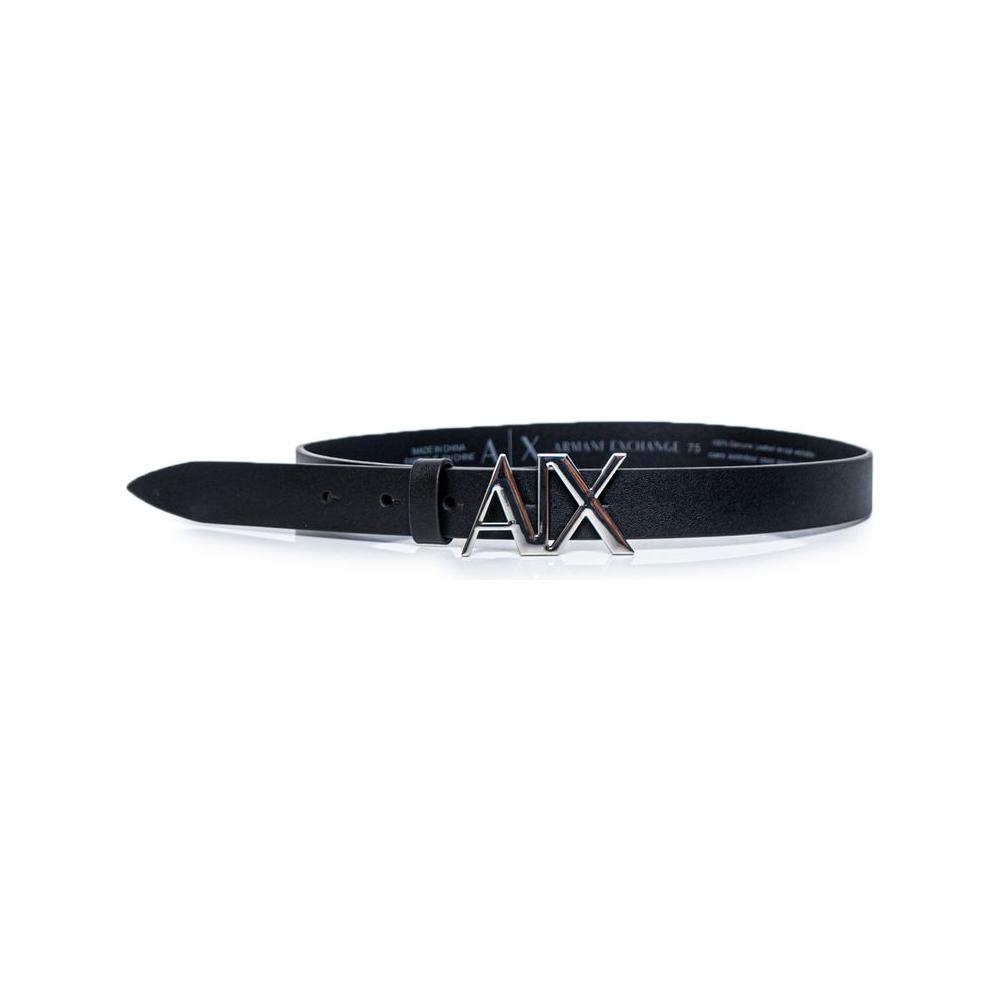 Armani Exchange black leather belt with A/X logo buckle, elegant women's accessory, polyurethane interior for comfort and durability.
