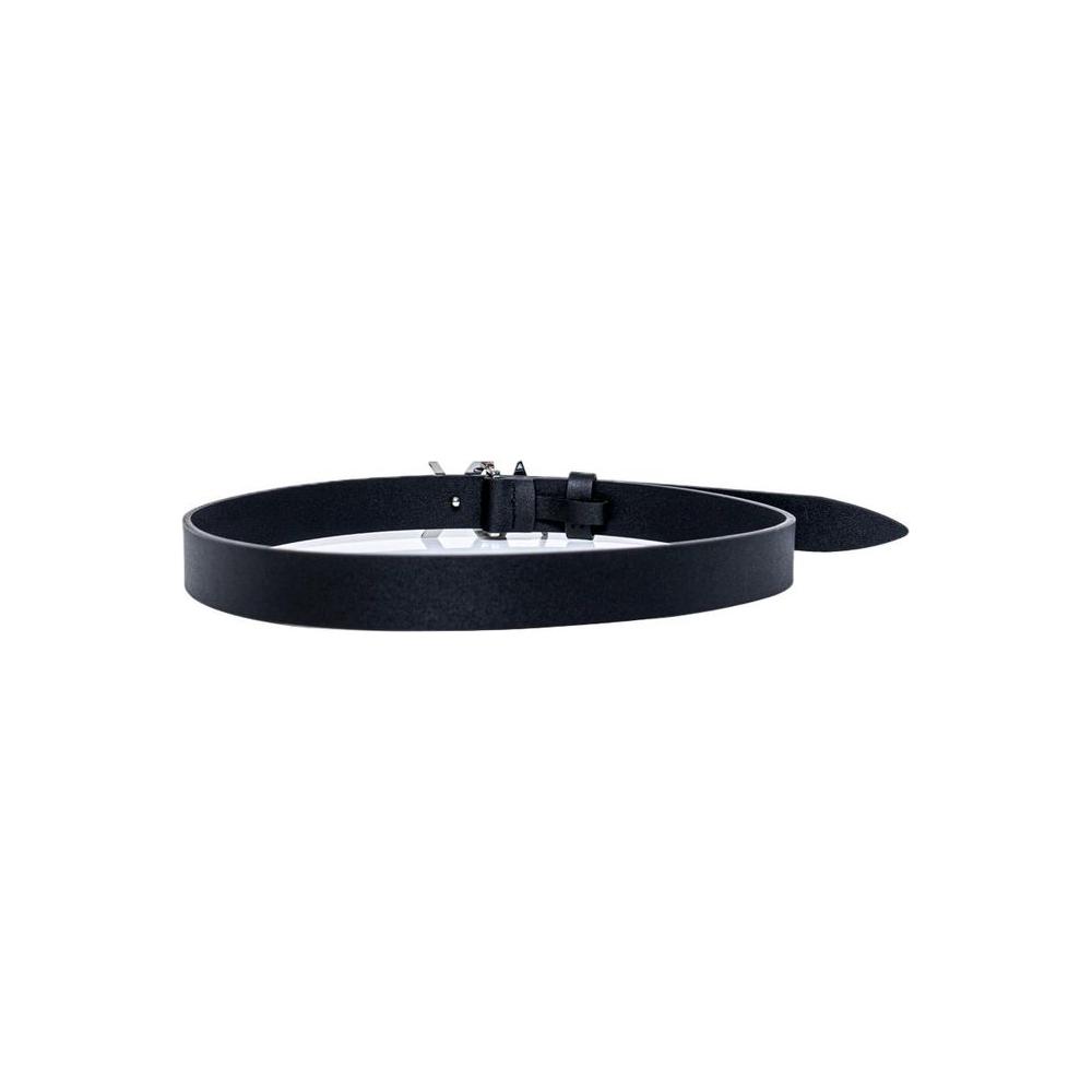 Armani Exchange women's black leather belt with A|X logo buckle; sophisticated accessory for everyday elegance and style.