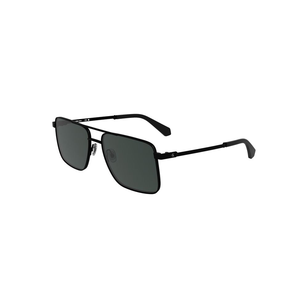 Calvin Klein black metal men's sunglasses with square smoke lens for bold style and eye protection.