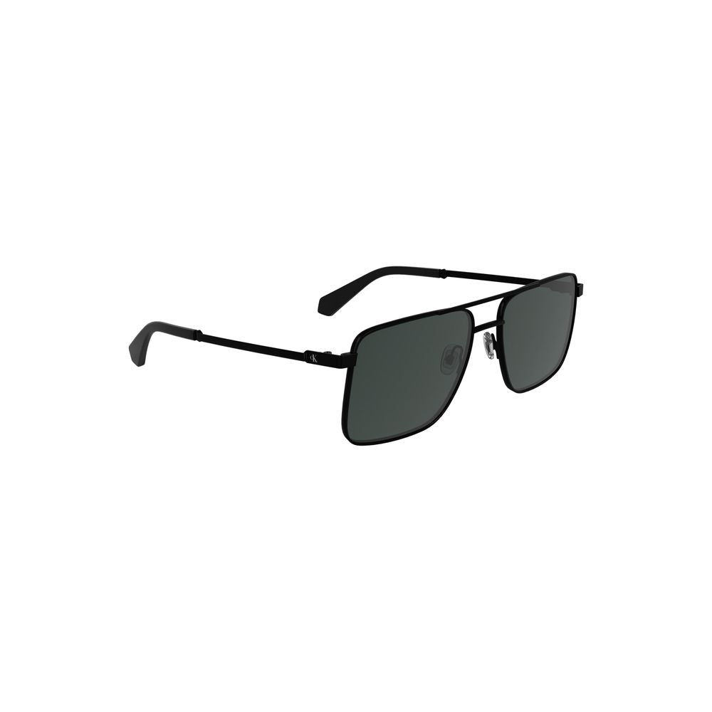 Calvin Klein black metal men's sunglasses with square smoke lenses, sleek frame, and 58 mm lens width for a bold, stylish look.