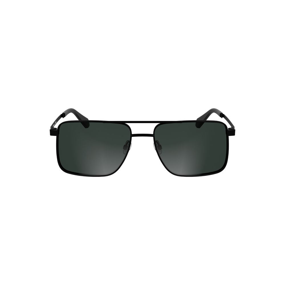 Calvin Klein black metal men's sunglasses with sleek square smoke lenses, offering substantial eye protection and iconic style.