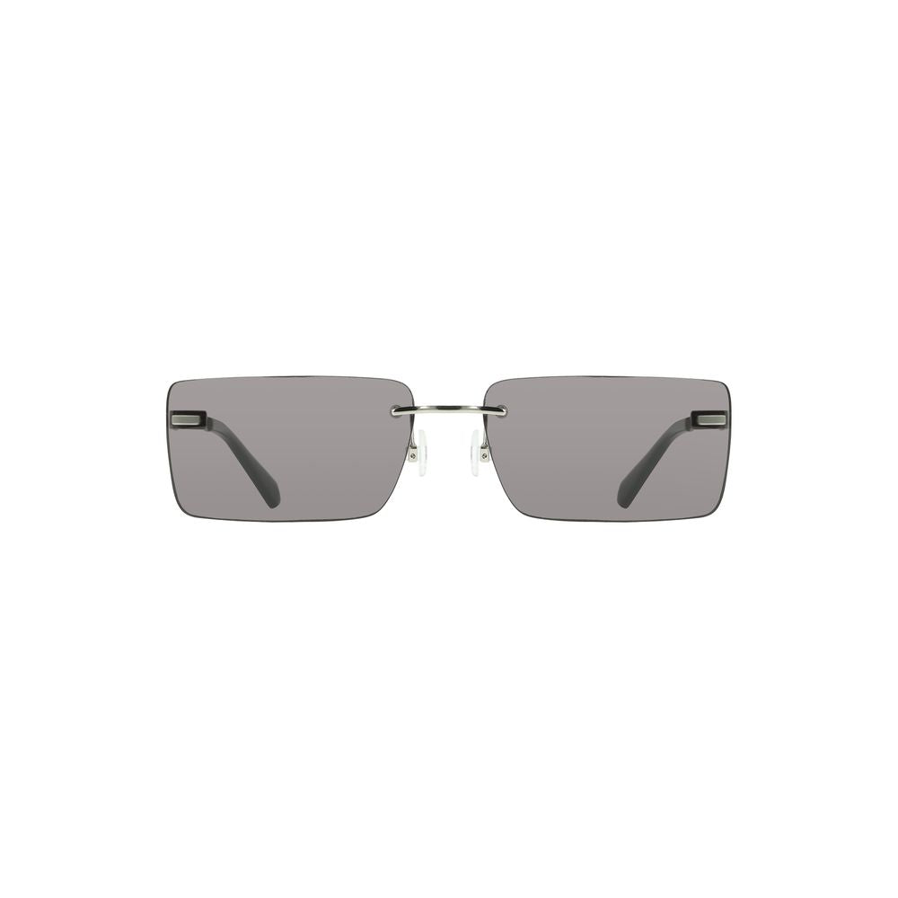 Calvin Klein black metal women's sunglasses with sleek rectangular smoky lenses on a white background.