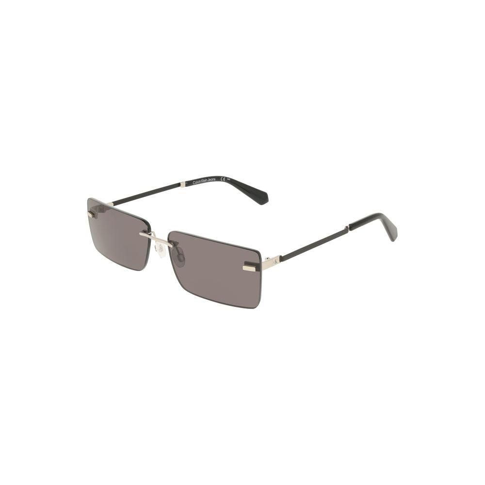 Calvin Klein black metal women's sunglasses with rectangular smoky lenses and sleek frame for bold, stylish look.