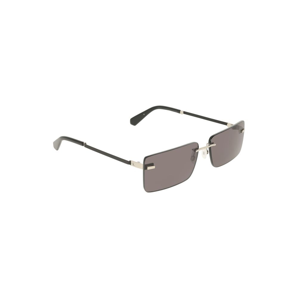Calvin Klein black metal women’s sunglasses with rectangular smoky lenses for bold, stylish fashion statement.