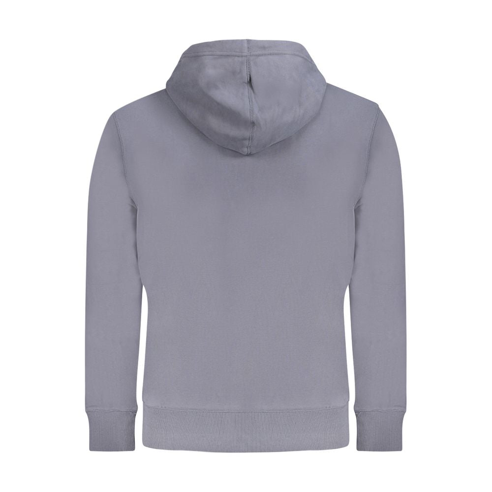 Back view of a blue Calvin Klein men's cotton sweater with a hood, showcasing its sleek design and comfortable fit.