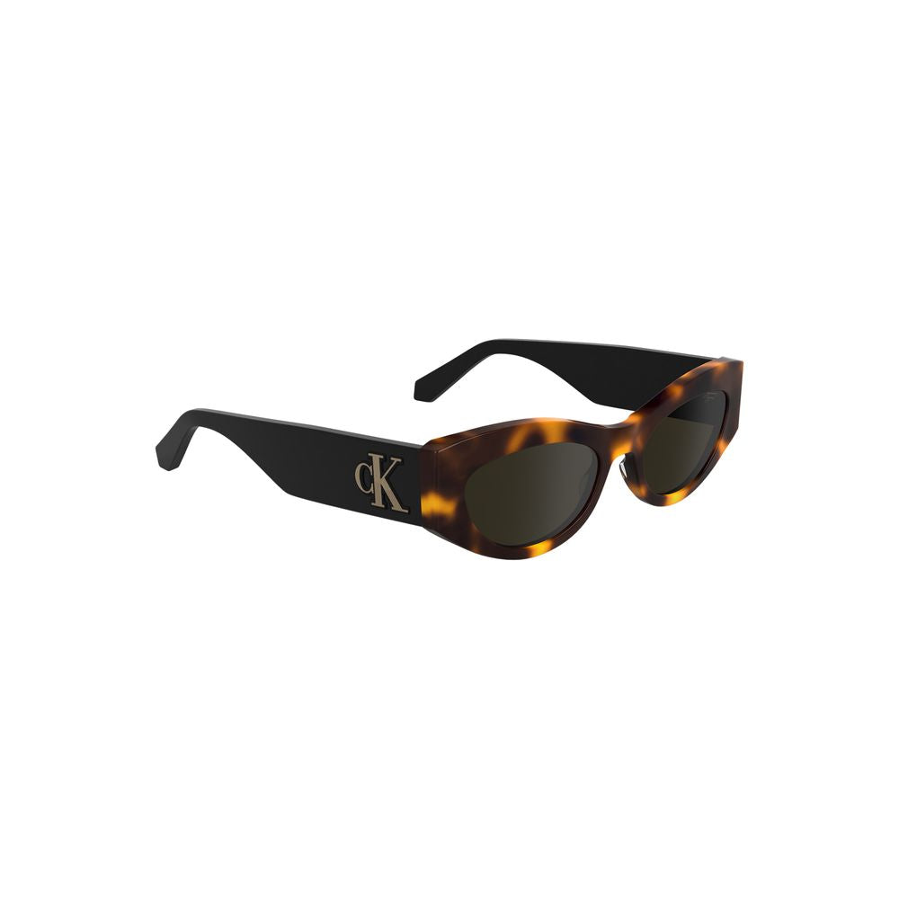 Calvin Klein brown cat eye sunglasses with acetate frame and sleek lenses, featuring iconic logo for stylish fashion-forward look.