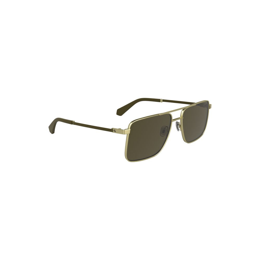 Calvin Klein gold metal men's sunglasses with square brown lenses featuring chic detailing and logo, offering sophisticated style.