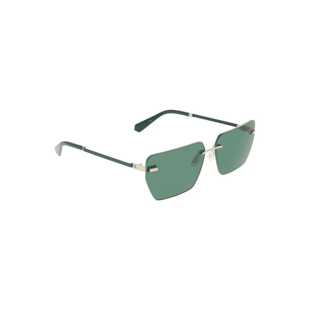 Calvin Klein green metal men's sunglasses with square lenses; stylish eyewear offering comfort and fashion-forward design.