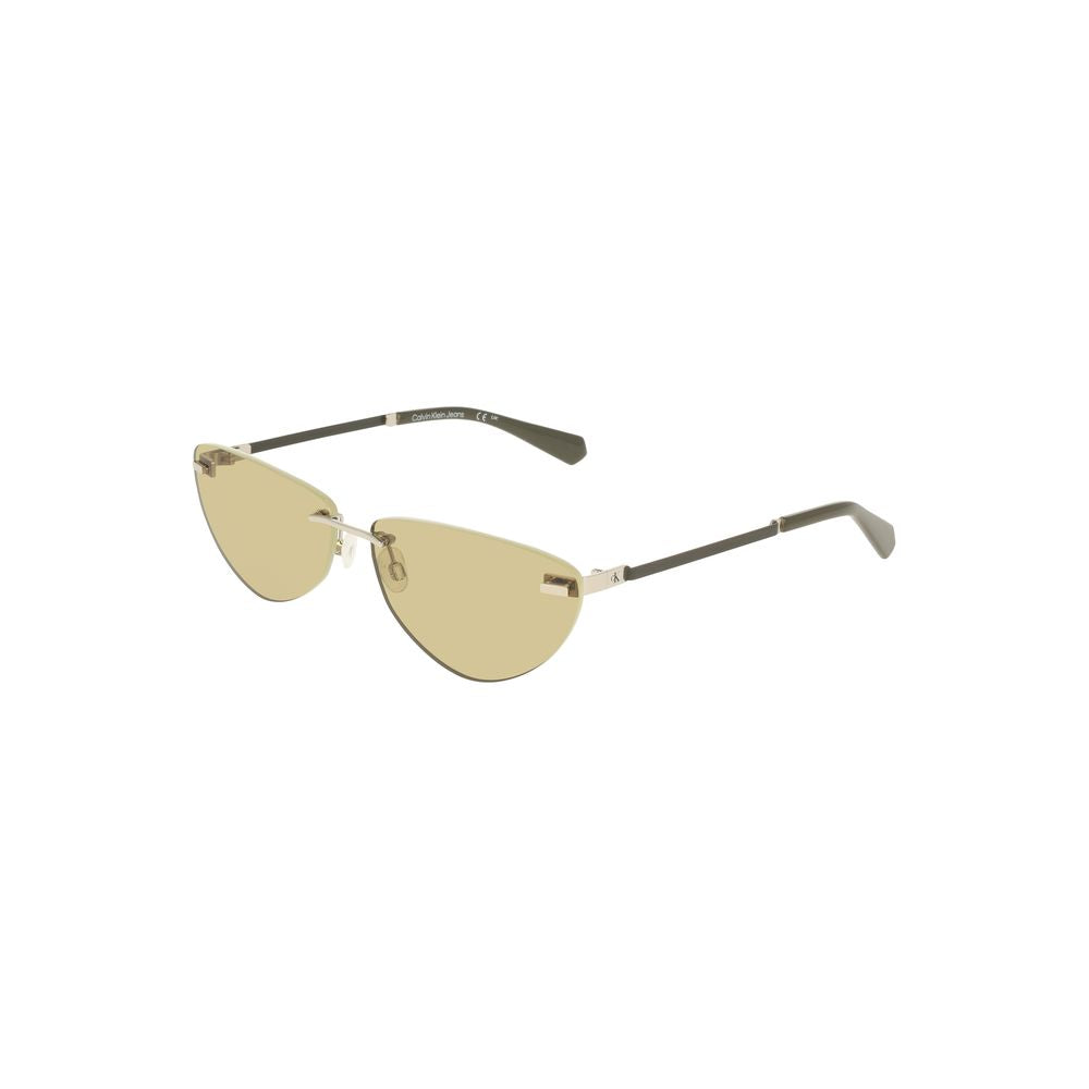 Calvin Klein green metal women's sunglasses with drop-shaped lenses and sleek frame design, featuring iconic logo and contrasting details.
