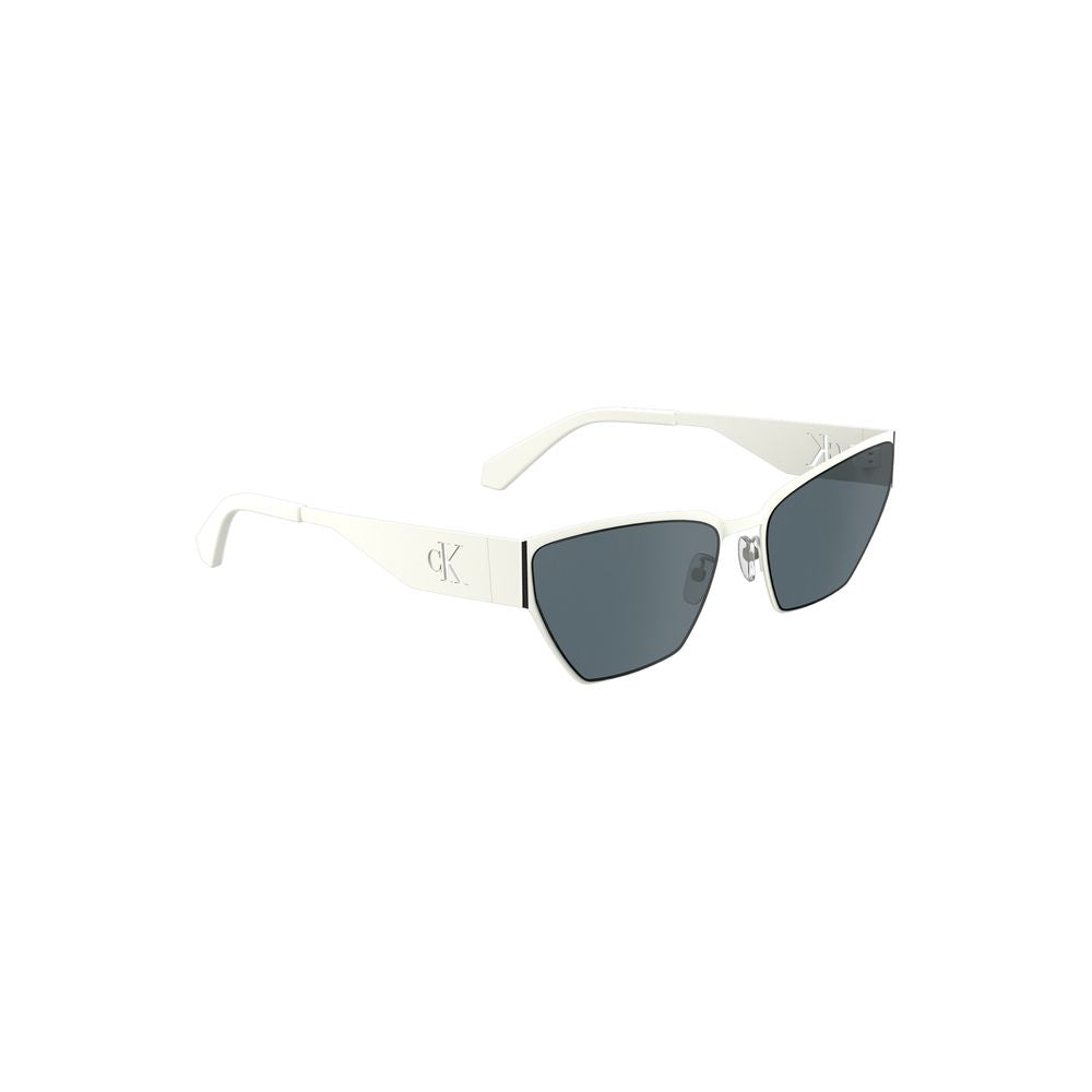 Calvin Klein white metal women's sunglasses with cat-eye frame and smoke lenses, offering modern elegance and UV protection.