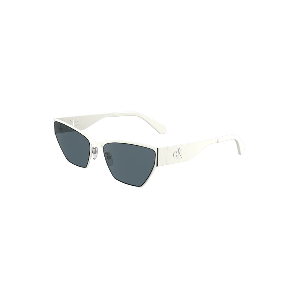 Calvin Klein white metal women's sunglasses with cat-eye design and smoke lenses, 58mm lens width for stylish look