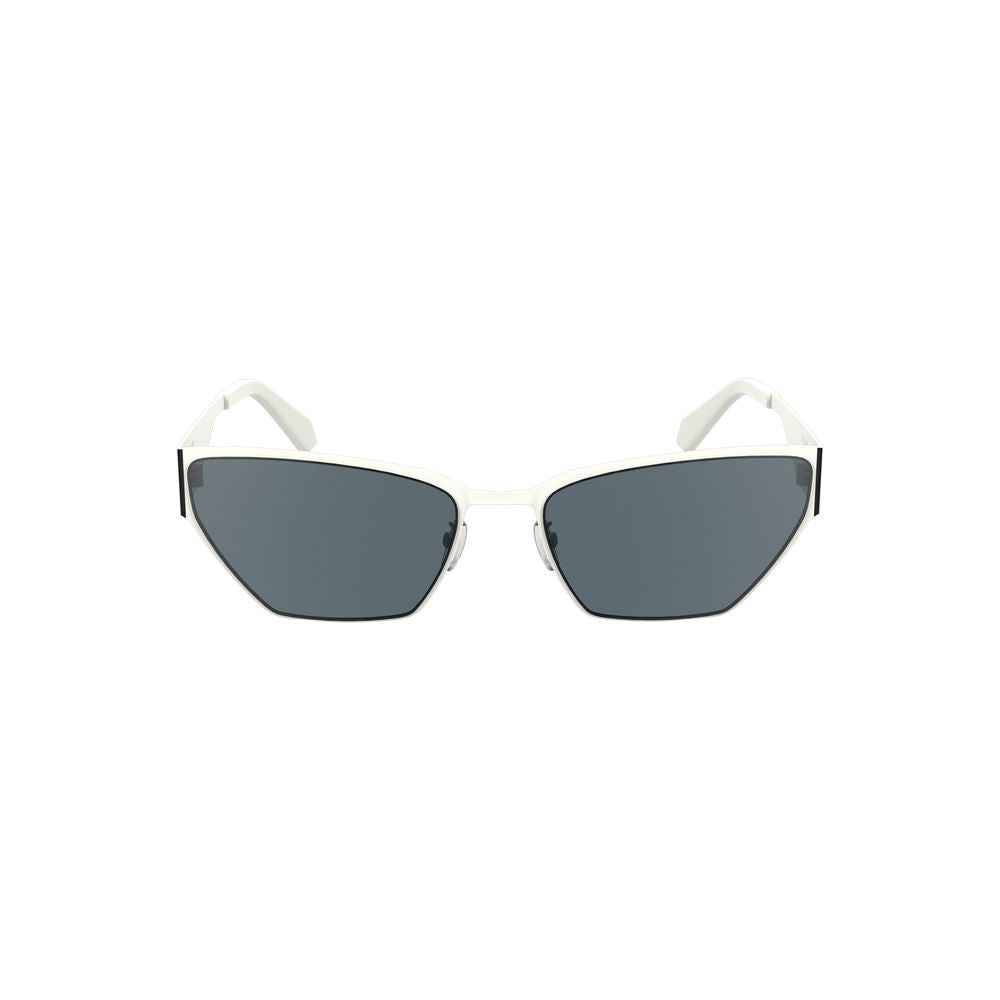 Calvin Klein white metal sunglasses with cat-eye silhouette and smoke lenses, 58mm lens width, perfect for modern elegance and protection.
