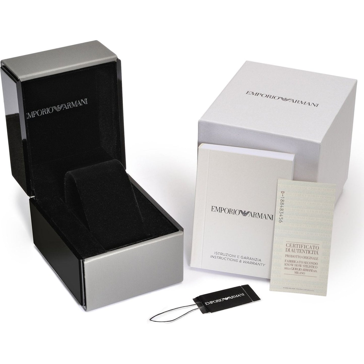 Emporio Armani wristwatch box and packaging for AR11563 model, including warranty and instruction booklet.