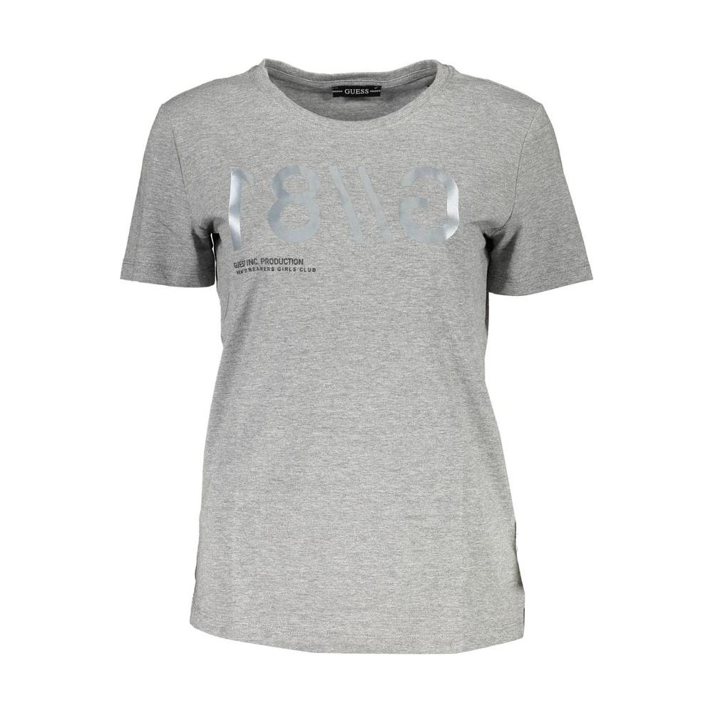 Gray Guess Jeans women's t-shirt with bold logo and short sleeves, showcasing chic style and comfort.