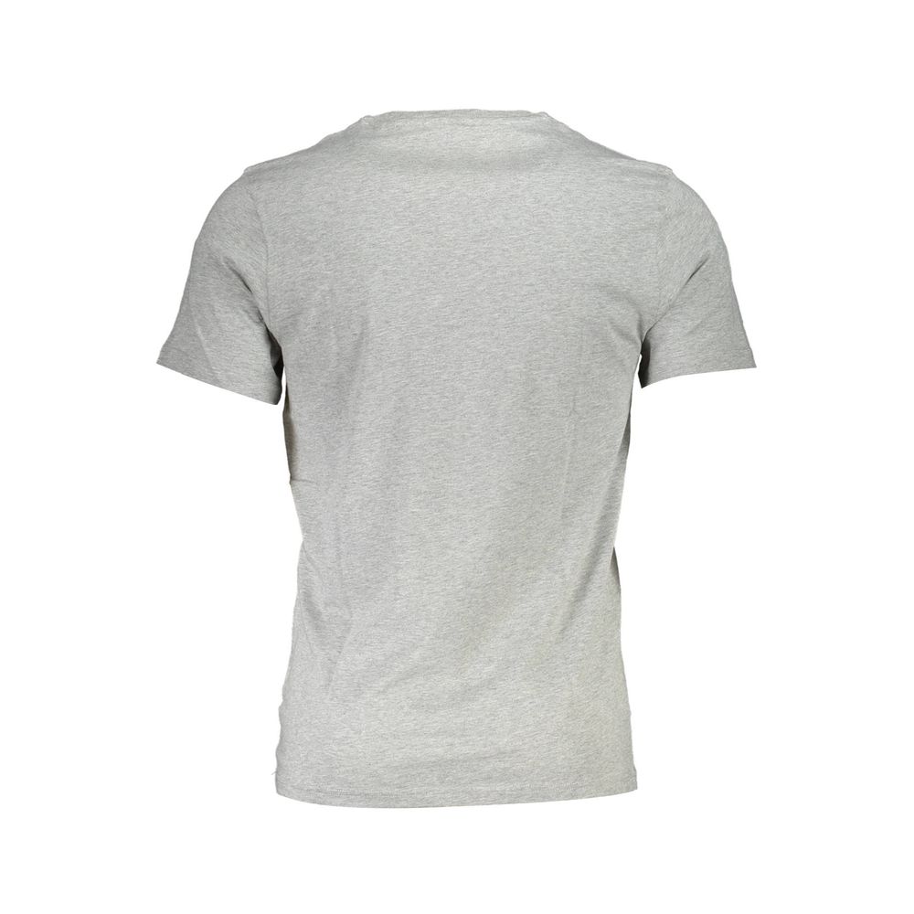 Back view of a gray short sleeve men's t-shirt, showcasing a simple and classic design.