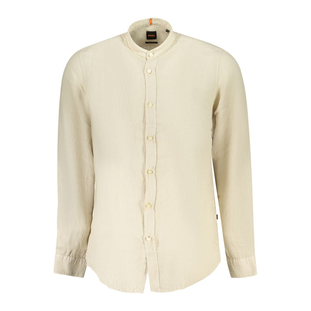 Hugo Boss beige linen men's shirt with mandarin collar and 1-button cuffs, showcasing a sleek and sophisticated regular fit design.