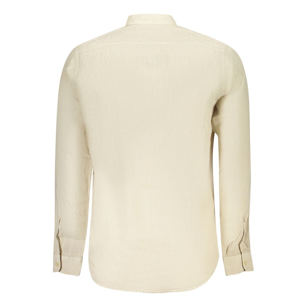 Back view of Hugo Boss Beige Linen Men Shirt with mandarin collar and 1-button cuffs, showcasing elegant tailoring and timeless design.