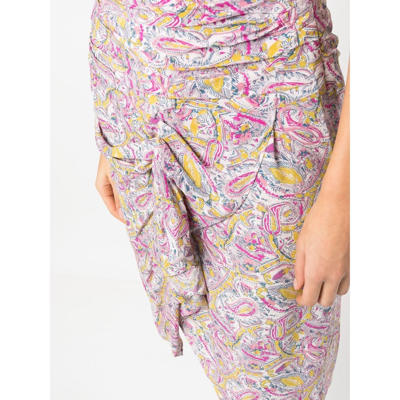 Close-up of Iro Skirts Beige silk blend with graphic-print, draped and ruched details in ecru and pink, knee-length design.