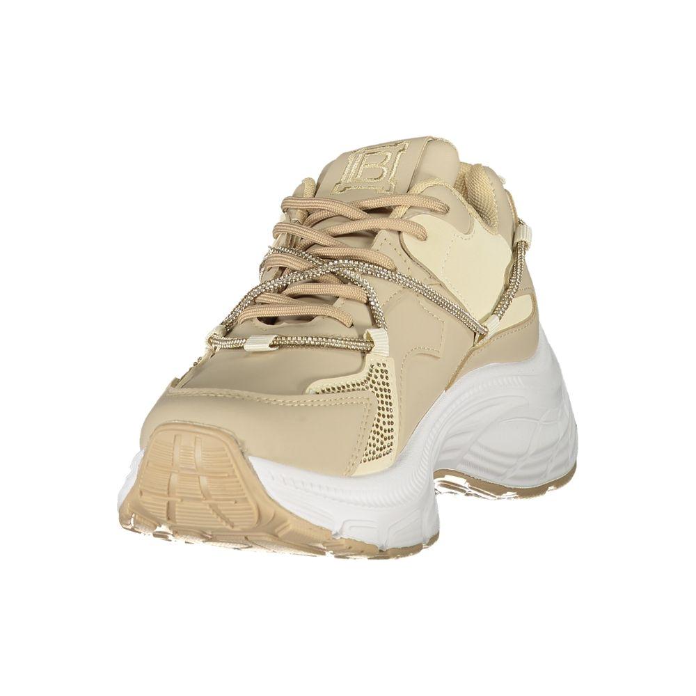 Laura Biagiotti beige polyester women's sneaker with nubuck texture, rhinestones, and 5 cm platform. Stylish and comfortable footwear.