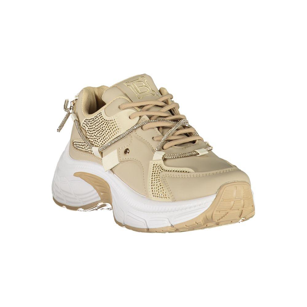 Laura Biagiotti beige polyester women's sneaker with rhinestones, embroidery, nubuck texture, 5 cm platform and removable footbed.