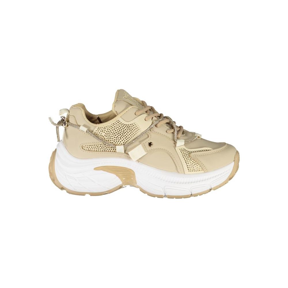 Laura Biagiotti beige polyester women's sneaker with nubuck texture and rhinestones, featuring a 5 cm platform for comfort.