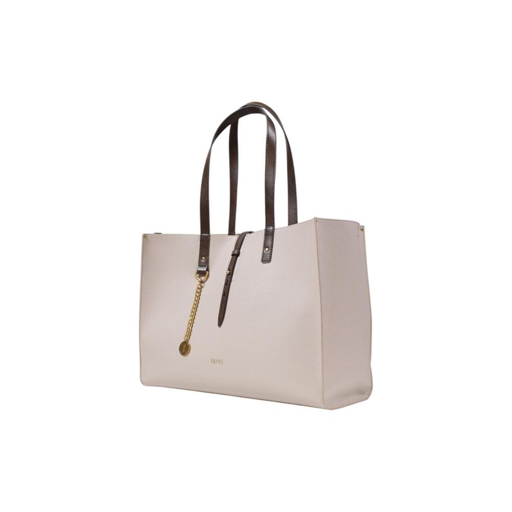 Liu Jo gray handbag with large design, brown handles, and gold chain accent. Made of 100% polyurethane. Ideal for women's fashion collection.