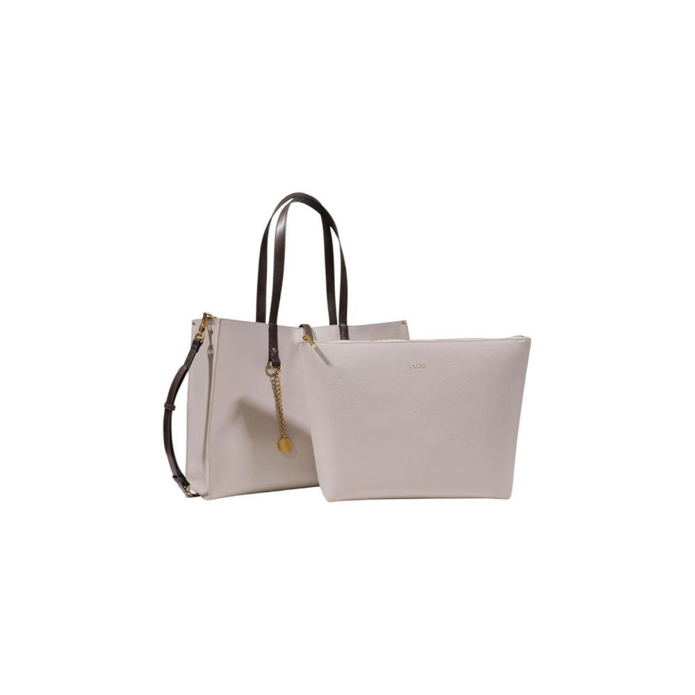 Liu Jo gray polyethylene handbag with large design and 100% polyurethane composition, featuring dual handles and a zipper closure.