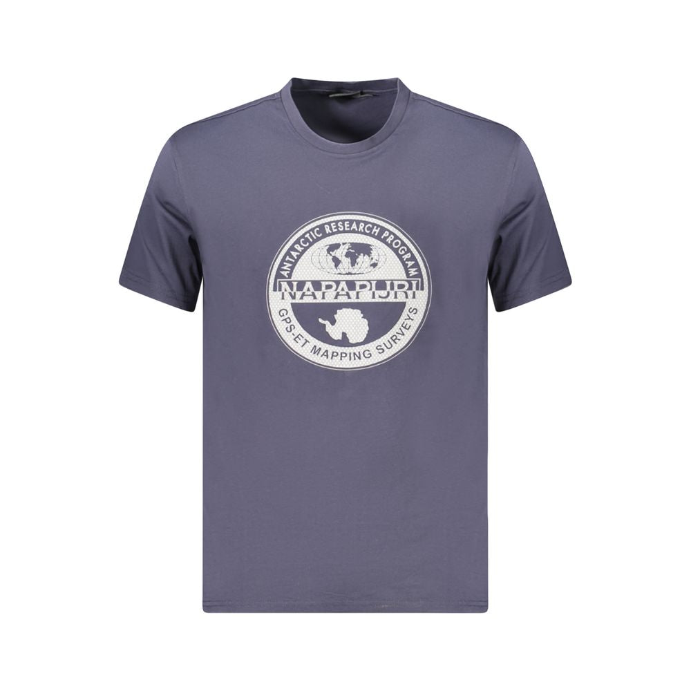 Napapijri blue cotton men's t-shirt with bold logo, crew neck, and short sleeves, made from organic cotton for sustainable style.