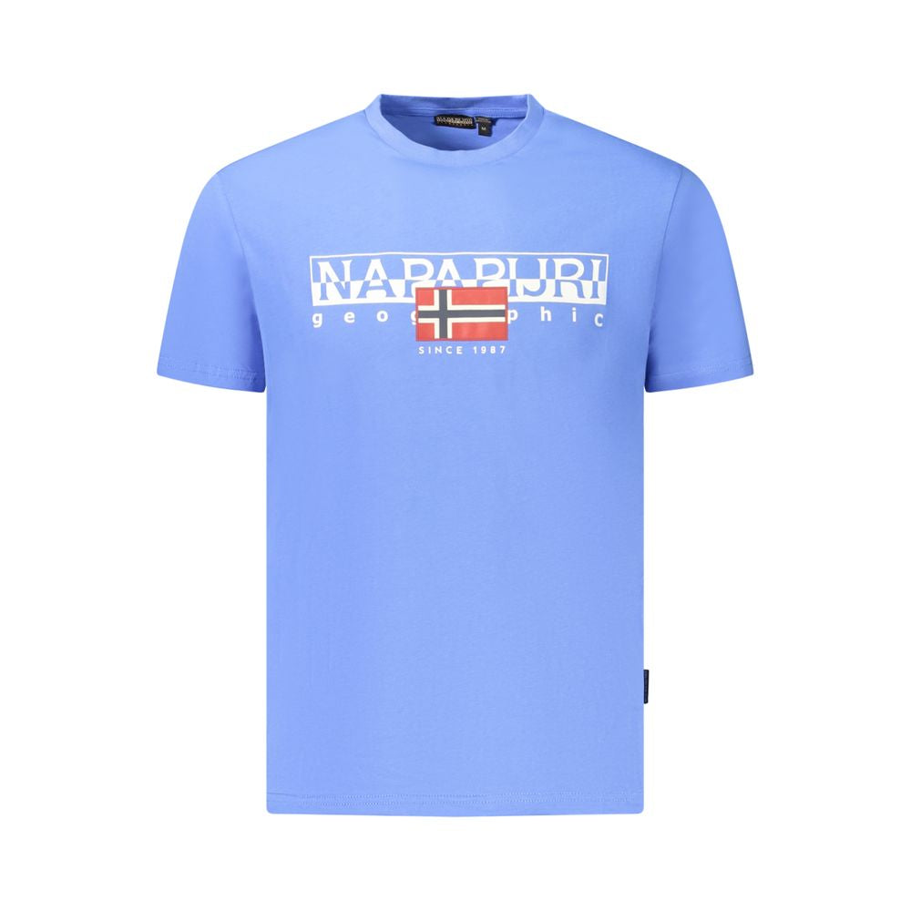 Napapijri blue cotton men's T-shirt with logo, short-sleeved crew neck, sustainable organic fabric, fashion-forward design.