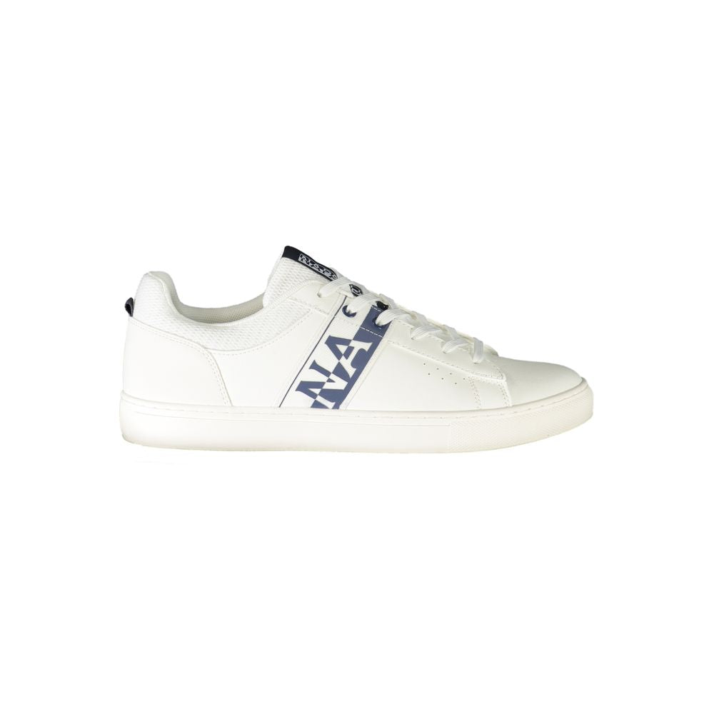 Napapijri white leather men's sneaker with bold contrasting logo, polyester and leather blend. Stylish and comfortable footwear.