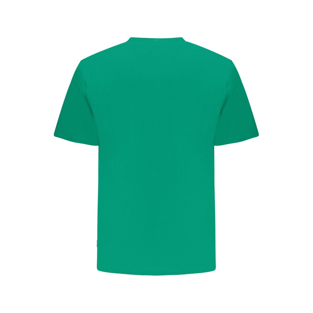 Back view of Pepe Jeans green cotton T-shirt with short sleeves and crew neck, featuring embroidery and sustainable 100% cotton fabric.
