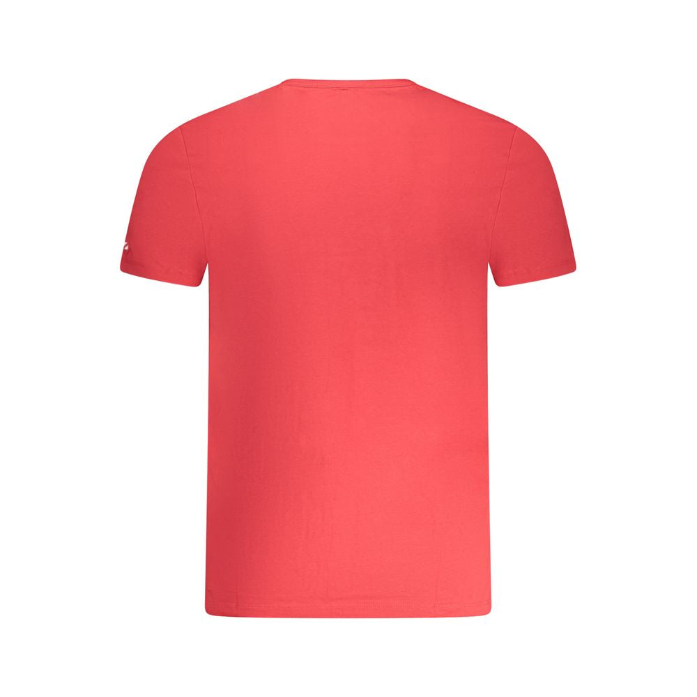 Back view of Pepe Jeans red cotton men's T-shirt showcasing short sleeves and classic design, perfect for casual wear.