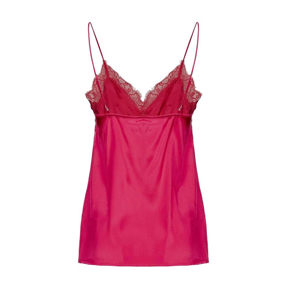 Pinko Tremante fuchsia silk top with lace trim and adjustable straps, satin finish, fashion apparel for women.
