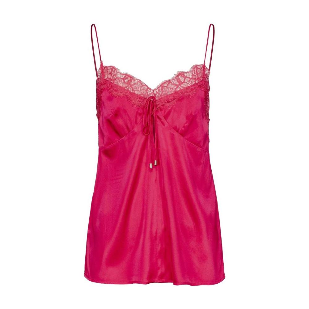 PINKO fuchsia silk top with adjustable straps, made from satin and lace, featuring a vibrant red-pink color, perfect for elegant wear.