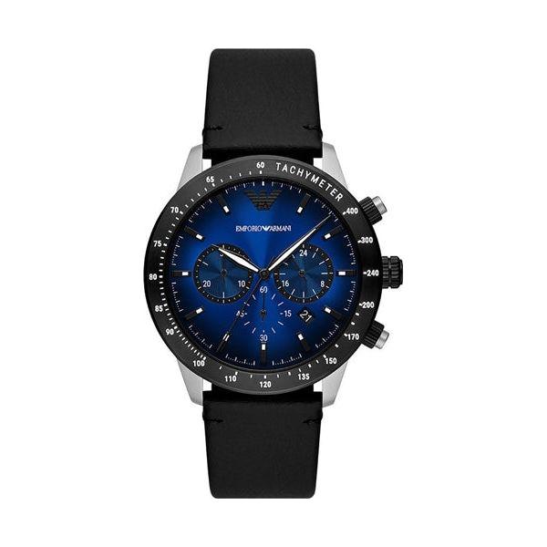 Emporio Armani Mod. AR11522 watch with black leather strap and blue dial featuring chronograph design.