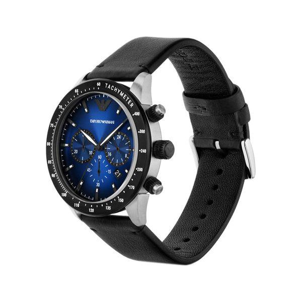 Emporio Armani AR11522 men's watch with blue dial, black leather strap, and tachymeter bezel. Luxury fashion accessory.