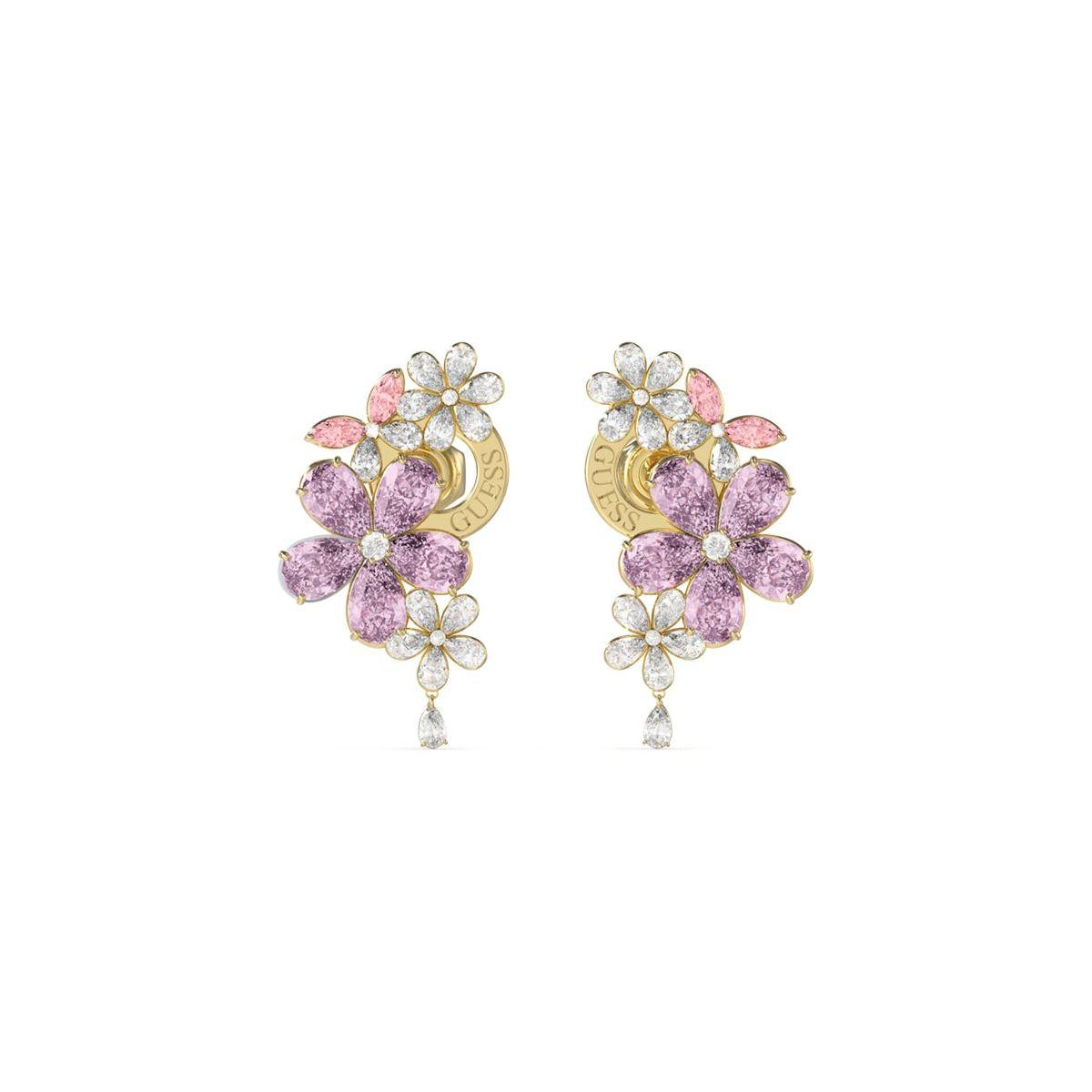 Elegant floral Guess Jewels earrings with pink and purple gemstones, ideal for adding a touch of color and luxury to any outfit.