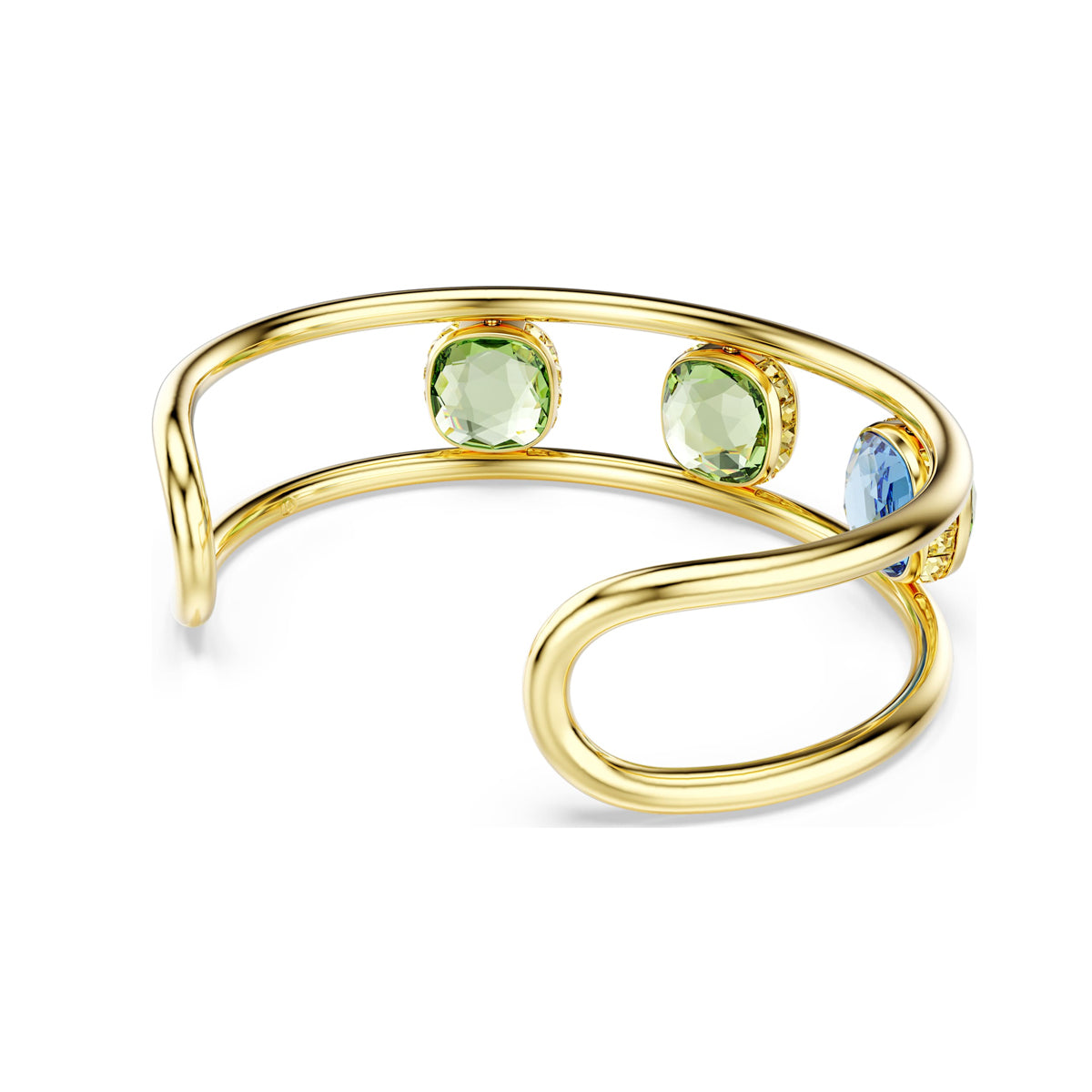 Elegant Swarovski bracelet with green and blue gemstones, model 5705836, featuring a sleek gold design.