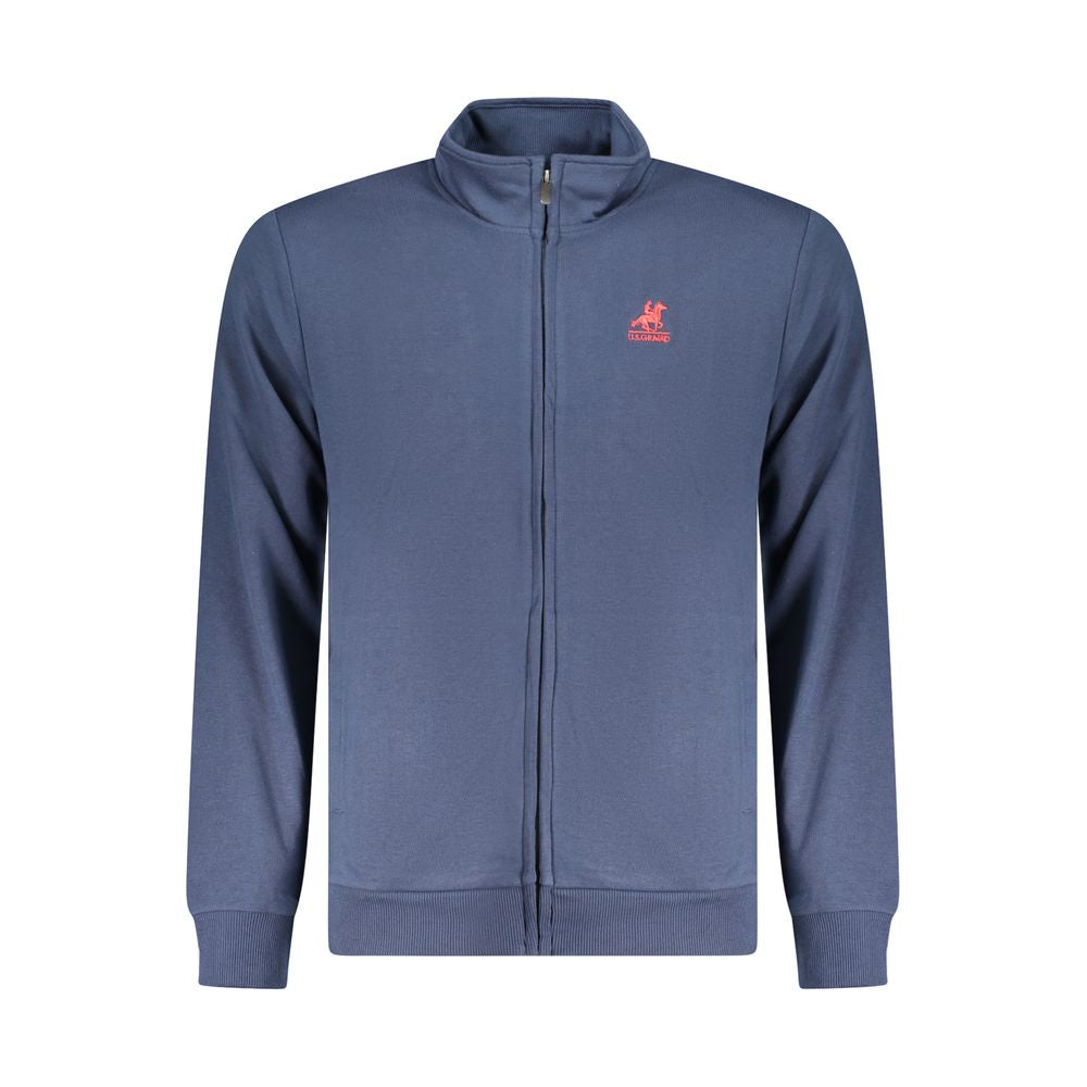 U.S. Grand Polo blue cotton sweater with long sleeves, zip closure, embroidered logo, and two pockets, perfect for casual wear.